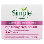 Simple Repairing Rich Face Cream facial moisturiser with 22% ceramide boosters, organic cica and provitamin B5 for a stronger skin barrier repairs and replenishes very dry, sensitive skin 50 ml