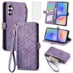 Asuwish Phone Case for Samsung Galaxy A05s Wallet Cover with Tempered Glass Screen Protector and Wrist Strap Leather Flip Zipper Credit Card Holder Stand Cell Accessories Ao5s A 05s Women Men Purple