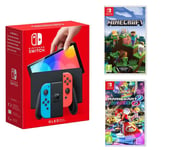 Nintendo Switch OLED Neon Red & Blue, Mario Kart 8 Deluxe & Minecraft Bundle, Red,Blue