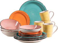 MÄSER 931498 Bel Tempo II Service de table vintage 16 pièces en céramique peinte à la main pour 4 personnes Multicolore Turquoise/rose/orange/jaune