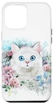 Coque pour iPhone 12 Pro Max Chat blanc moelleux avec couronne florale yeux bleus design mignon