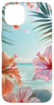 iPhone 14 Plus Palm Tree Hibiscus Sunset on the Beach Light Blue Case