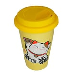 lachineuse - Mug Chat Maneki Neko 300ml avec Couvercle - Mug Jaune en Porcelaine - Mug Japonais Original à Thé & Café - Couvercle Isotherme - Chat Japonais Kawaii Lucky Cat - Tasse Idée Cadeau