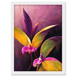 Pink Orchid Vibrant Mauve Flowers Painting Artwork Framed Wall Art Print A4