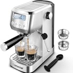 AMZCHEF Machine À Café Expresso Avec Mousseur Vapeur À Lait | Machine A Cafe Grain Avec Réservoir D'eau Amovible De 1,3 L | 1350W Cafetière 20 Bars | Écran LCD | Porte-Filtre 2 en 1 | Argent