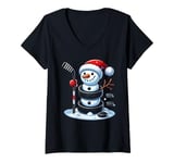 Womens Cartoon Ice Hockey Puck Snowman with Santa Hat Christmas V-Neck T-Shirt