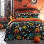 Bedlam - Halloween Pumpkin & Skulls Duvet Cover - Single Bedding Size (140 x 200cm) - Reversible (2 Designs) - Glow in the Dark Duvet Cover - Skeleton & Bat Duvet Cover in Black Halloween Decorations