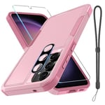 RMOCR for Samsung Galaxy A55 Case, Full Body Heavy Duty Rugged Shockproof Protective Phone Cover with Lanyard Strap, Tempered Glass Screen Protector and Camera Lens Cover, Cute Pink