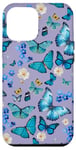 iPhone 14 Pro Max Blue Butterflies and Floral Pattern on Lavender Purple Case