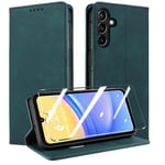 QHOHQ Tenphone Coque pour Samsung Galaxy A15 4G/5G [avec A15 Verre Trempé], [RFID Blocage], Etui Protection Housse Premium en Cuir PU, [Multifonctionnel] Magnétique Flip Case (Rétro) - Vert lac