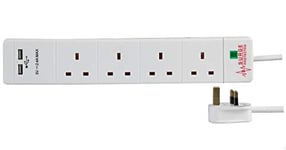 Pro Elec 4 Way 2 USB Surge Protected Extension Lead, 3m, White