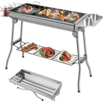 Barbecue à Charbon Pliant Portable, Grill Charbon de Bois, BBQ de Table en Acier Inoxydable, avec Poêle à Frire, 105 x 33 x 72 cm