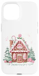 Coque pour iPhone 15 Jolie maison en pain d'épice avec flocons de neige en glaçage rose