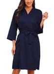 Lovasy Peignoir Court Femme en Tricot Gaufré Robes de Chambre Doux et Léger Longueur du Genou Loungewear Col V avec Ceinture A Bleu Marine L