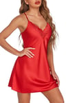 Avidlove Robe Sexy pour Femme - Col en V - Nuisette en Dentelle - Lingerie en Satin - sous-Vêtements Courbés - Rouge L