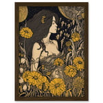 Woman in Flower Field Midsummer Night Illustration Artwork Framed Wall Art Print A4