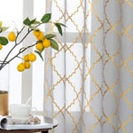 Kotile Grey Voile Curtains 46 x 54 Drop - Metallic Gold Foil Moroccan Tile Pr...