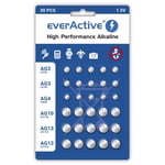 Set med 30 st alkaliska knappceller everActive