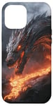 Coque pour iPhone 15 Plus Dragon fondu se profilant au-dessus d'un ruisseau de lave ardent