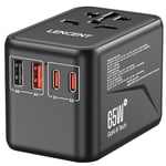 LENCENT Adaptateur de Voyage Universel Chargeur International GaN3 65W avec 2 QC4,0 USB-A et 2 PD3,0 Type C PPS Charge Rapide Adaptateur de Prise européen Mondial vers US UK EU AUS Noir