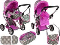 Alice Doll Stroller Barnevogn 2 I 1 Veske Grå Rosa Stjerner