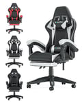 bigzzia Chaise Gaming,Ergonomique PU Cuir Chaise Bureau,Hauteur Réglable,avec Lombaire&Appui-Tête Appui,Dossier Inclinable à 155°,Fauteuil Gaming Adultes Enfants (Blanc, avec Repose-Pieds)