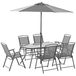 Outsunny Ensemble Salon de Jardin 8 pièces avec Grand Parasol, Table dim.140L x 90l x 70H cm et chaises Pliantes pour 6 Personnes - métal époxy textilène Polyester Gris