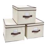 Set of 3 Fabric Storage Boxes with Lids Foldable Storage Cube Organiser Bins with Handle & Label Holders 40 x 30 x 25cm (Cream)