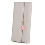 UTO Portefeuille Femme Filles Longue Porte-Monnaie à glissière Feuille Pendentif Cuir Synthétique Gris Soie