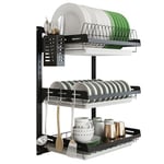 junyuan Hanging Dish Drying Rack Wall Mount Dish Drainer,3 Tier Kitchen Plate Bowl Spice Organizer Storage Shelf Holder with Drain Tray With 3 hooks,Stainless steel black coating (3 tier, 21.8)