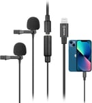 Double microphone Lightning Lavalier pour iPhone 11 Vlog, 20 ft/6 m BOYA BY-M2D Double tête Micro universel avec adaptateur Lightning pour iPhone 11 10 X 8 7 MAC YouTube Video Facebook Live