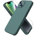 ACRONIX Coque pour iPhone 14,Coque Silicone Liquide pour iPhone 14(6.1"),avec 1 Verres Trempés,Surélevée pour Écran & Caméra,Case Protection Complète 360 Degré,Coque en Silicone-Vert pin