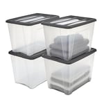 Iris Ohyama, Boite Rangement Plastique avec Couvercle, 60L, Lot de 4, Noir, Clips de Fermeture, Poignée,Empilable, Organisation Solide & Durable, pour Chambre, Dressing, Bureau, NTB-60