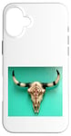 Coque pour iPhone 16 Plus Crâne de taureau avec ornements sur un mur vert