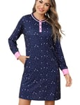 Jahetuul Chemise de Nuit Femme Coton avec Bouton Vêtements de Nuit Femme avec Poches Robe Chemise à Manches Longue Femme avec Motif Étoilé Nuisette Femme Coton avec Poches Tee Shirt Nuit Femme