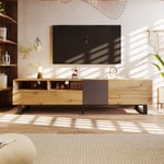 Meuble TV 180cm - finition grain bois, noir et marron coutures bicolores Banc tv - Style industriel
