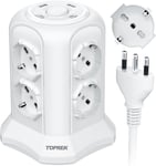 Multiprise Verticale Avec 8 Prises Universelles Ita 10/16A Et Schuko Et 2 Usb C Et 2 Usb A (Usb-C1 20W Pd3.0 Charge Rapide), 4000W/16A, Multiprise Avec Interrupteur, Câble 2M, Prise 16A, Blanc