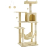 Arbre à Chat Hauteur 143 cm, Tour de Jeux pour Chats, avec 4 Poteaux à Griffer, 2 Plateformes, 1 Niche, 1 Hamac, 2 Pompons, en Tissu Peluche,