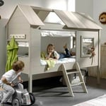 Paris Prix - Pack - Lit Cabane Enfant, Sommier & 4 Rideaux charlotte 90x200cm Beige