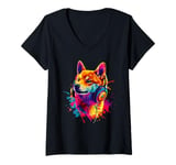 Womens Artistic Colorful Jack Russell Terrier Headphones Dog Jacky V-Neck T-Shirt