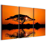 Stampe su Tela, Beautiful African Sunrise Reflected Belle aube africaine réfléchie Tableaux modernes en 3 panneaux déjà encadrés, Toile bois, Prêt à être accroché, 90x60cm