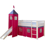 Décoshop26 - Lit mezzanine 90x200cm avec échelle toboggan en bois blanc et toile rouge incluse