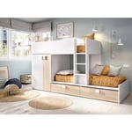 Dmora - Lit pour enfants Breithorn, Chambre complète avec armoire et tiroirs, Composition de lits superposés avec deux lits simples, 275x108h150 cm,