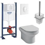 Pack wc suspendu Jacob Delafon sans bride Elite abattant extraplat + Bâti support Grohe RapidSL + plaque blanc + Porte-balai carré