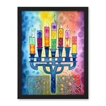 Artery8 Jewish Menorah Candles Multicolour Folk Art Watercolour Painting Artwork Framed Wall Art Print 18X24 Inch