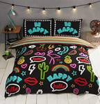 Rapport Funky Neon Reversible Striped Duvet Cover Bed Set Polycotton Black Doub