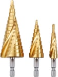 3PCS Foret Fraise Meche Etage, HSS Inox Metal, 4-12/20/32mm, Triangle Conique Titane, avec Tige Hexagone, Pour Visseuse Percage sur Acier, Laiton, Bois, Plastique