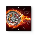 Horloge murale en verre 30x30cm Silencieuse Wheel Flames Rim Wall Clock