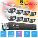 ZOSI 8CH 8MP CCTV POE Camera System 4K NVR 2TB HDD 2-Way Audio Outdoor ColorVu