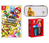 Nintendo Switch OLED (Neon Red & Blue), Super Mario Party Jamboree & Princess Zelda Slim Travel Pro Nintendo Switch Case Bundle, Red,Blue